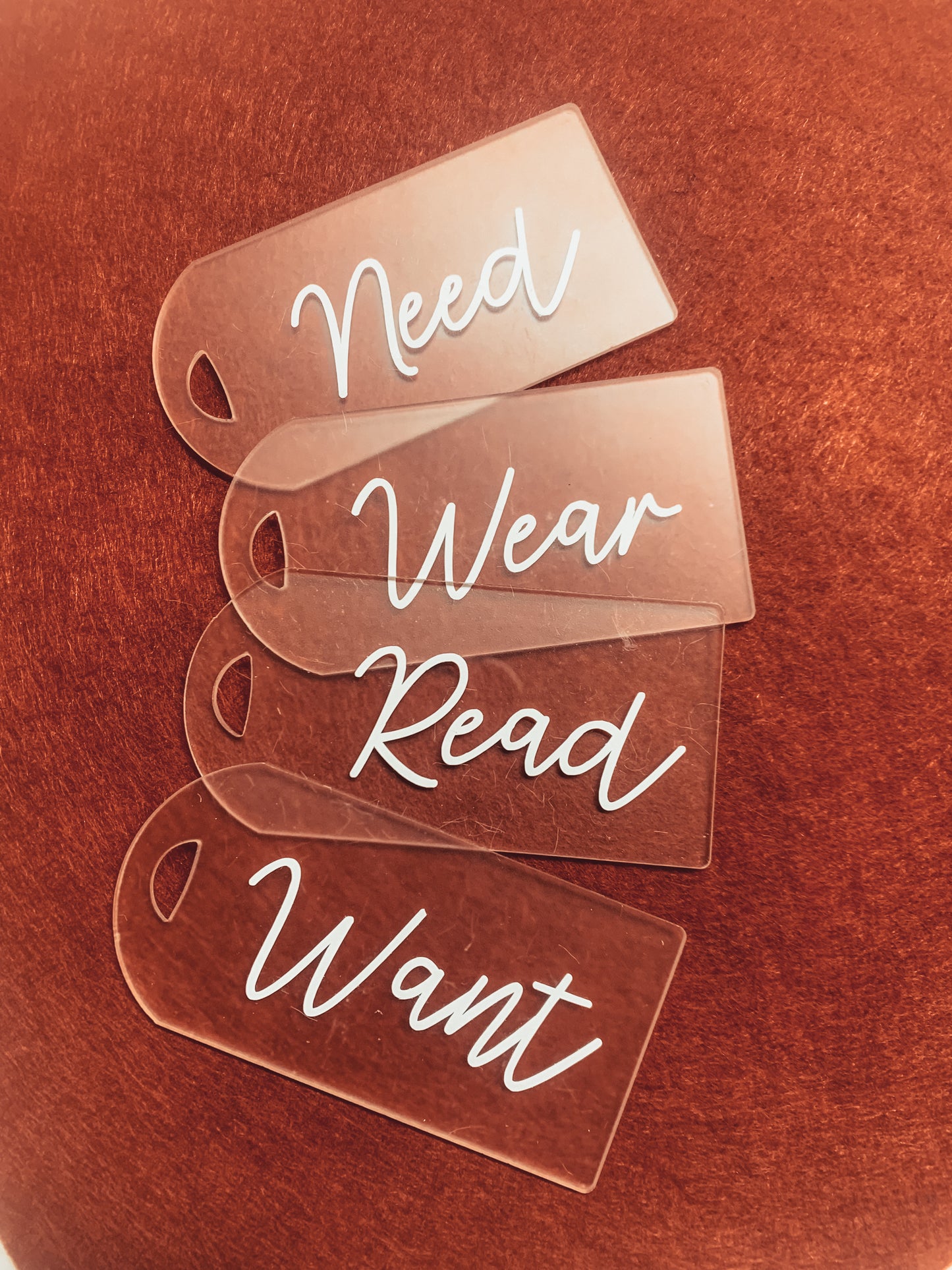 Gift Tags “WANT NEED WEAR READ”