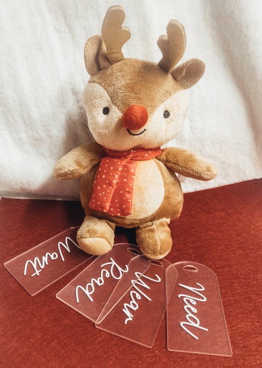 Gift Tags “WANT NEED WEAR READ”