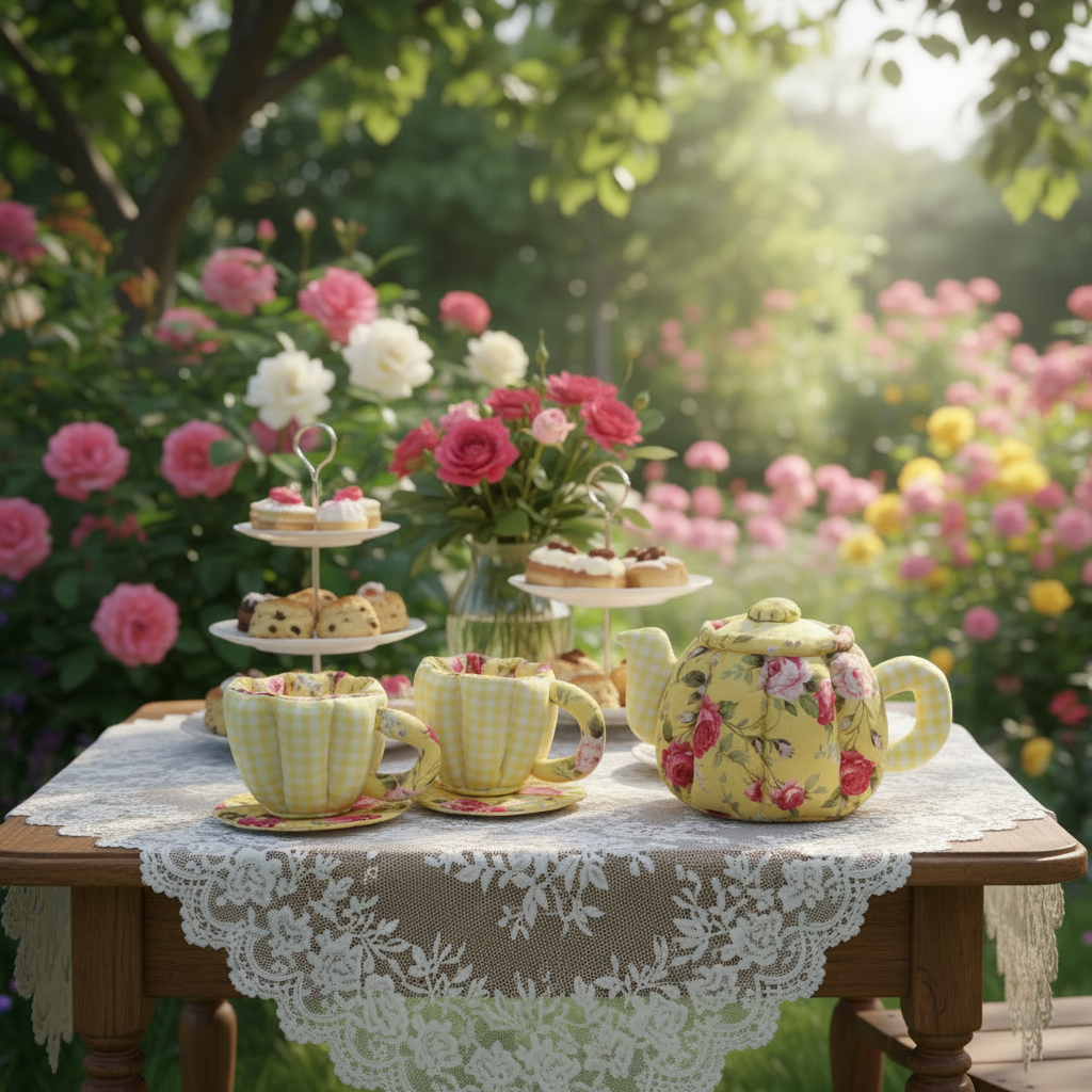 Teapot Set - Yellow gingham & floral