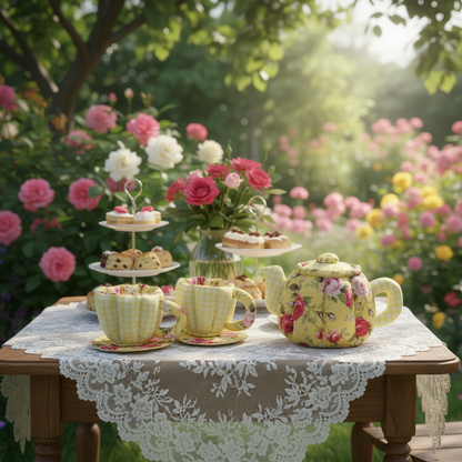 Teapot Set - Yellow gingham & floral